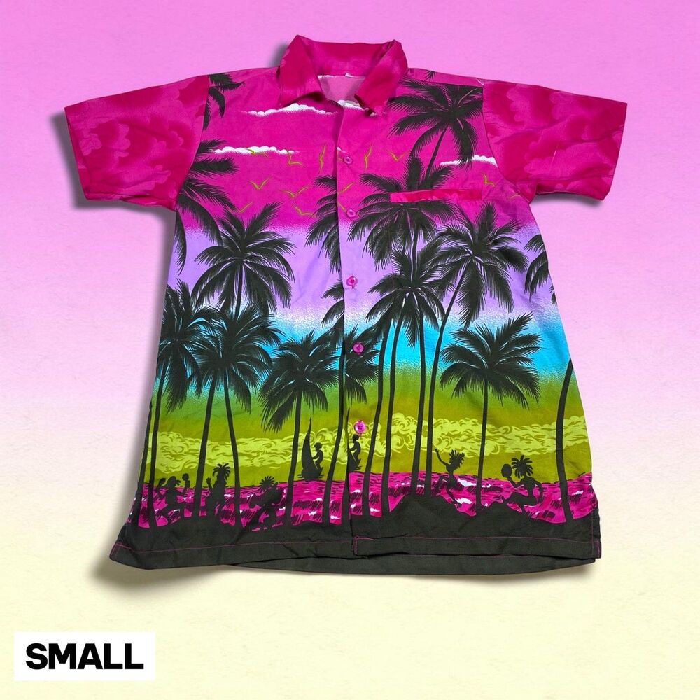 Vintage 80s Hawaiian Shirt Mens Large Pink Tropical Palm Tree Print Short Sleeve